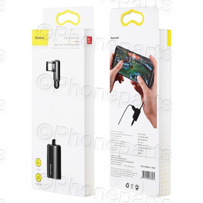 Adaptador CODO Baseus Tipo-C con doble conecxion de salida tipo-C / Auriculares jack (3,5 mm) Negro