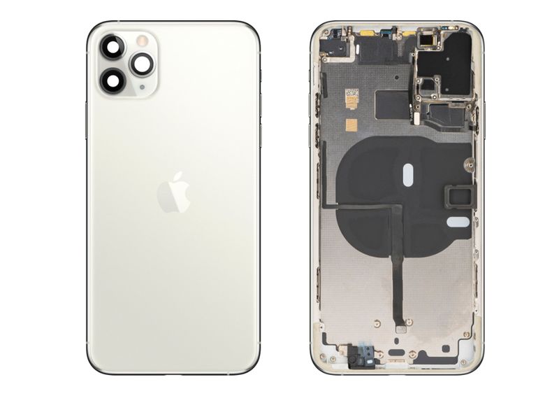 Chasis con Tapa Cristal Trasero Blanco Plata Apple Iphone 11 PRO MAX Original Desmontado con Lente de Cámara, Flex de Volumen, Encendido y Carga Inalámbrica. SWAP Grado A.
