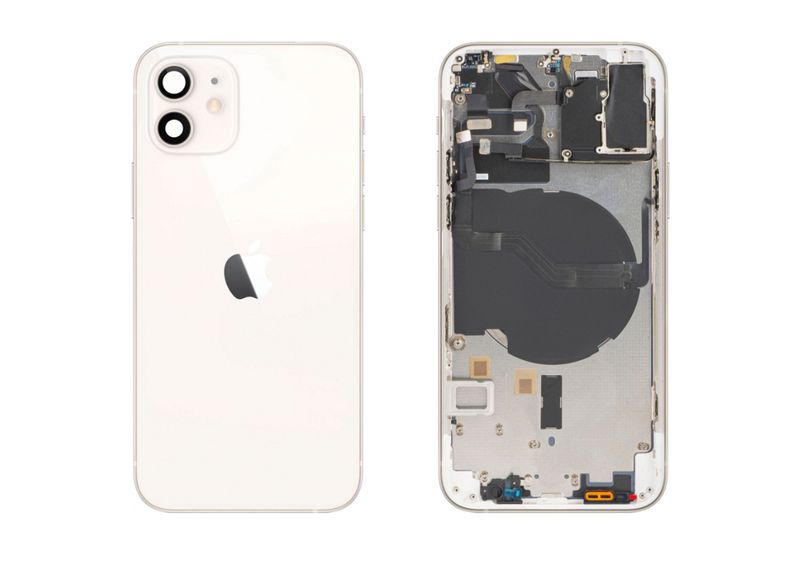 Chasis con Tapa Cristal Trasero Blanco Apple Iphone 12 Original Desmontado con Lente de Cámara, Flex de Volumen, Encendido y Carga Inalámbrica. SWAP Grado A.
