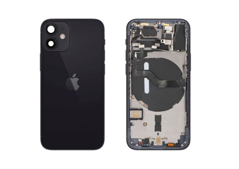 Chasis con Tapa Cristal Trasero Negro Apple Iphone 12 Mini Original Desmontado con Lente de Cámara, Flex de Volumen, Encendido y Carga Inalámbrica. SWAP Grado A.