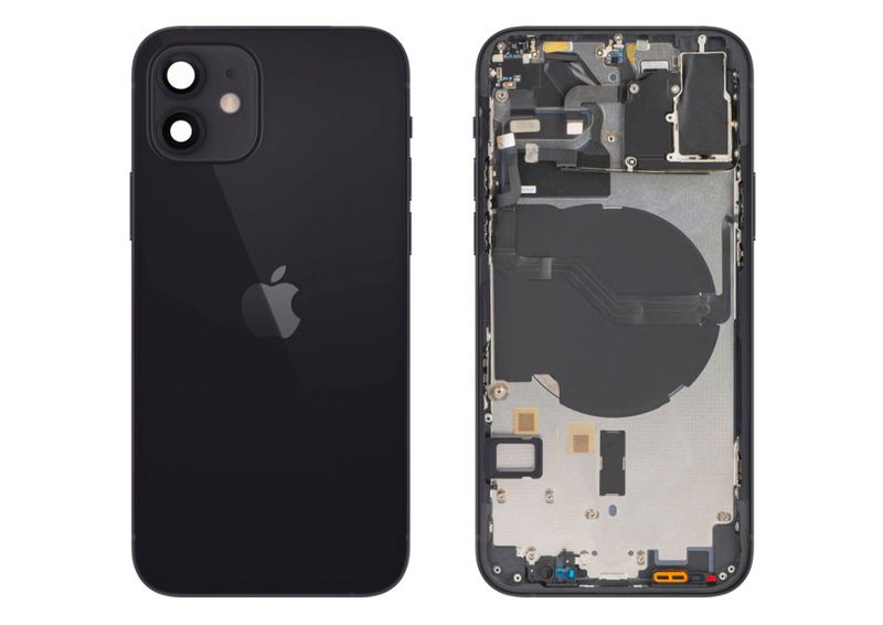 Chasis con Tapa Cristal Trasero Negro Apple Iphone 12 Original Desmontado con Lente de Cámara, Flex de Volumen, Encendido y Carga Inalámbrica. SWAP Grado A.