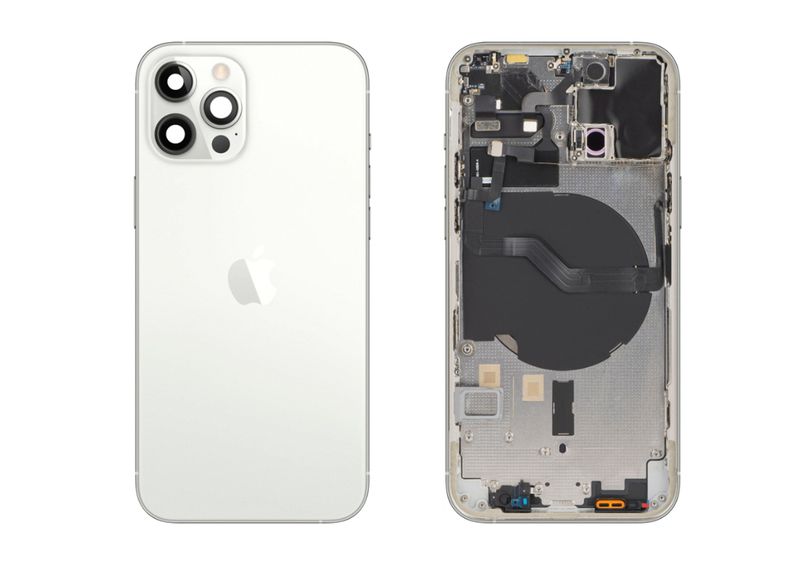 Chasis con Tapa Cristal Trasero Blanco Plata Apple Iphone 12 PRO Original Desmontado con Lente de Cámara, Flex de Volumen, Encendido y Carga Inalámbrica. SWAP Grado A.