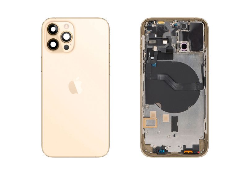 Chasis con Tapa Cristal Trasero Dorado Apple Iphone 12 PRO Original Desmontado con Lente de Cámara, Flex de Volumen, Encendido y Carga Inalámbrica. SWAP Grado A.