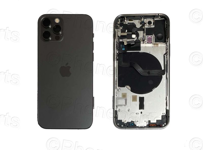Chasis con Tapa Cristal Trasero Apple Iphone12 PRO Original Desmontado con Lente de Cámara, Flex de Volumen, Encendido y Carga Inalámbrica Grafito. SWAP Grado A.