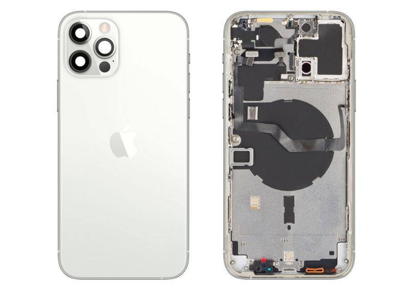 Chasis con Tapa Cristal Trasero Blanco Plata Apple Iphone 12 PRO MAX Original Desmontado con Lente de Cámara, Flex de Volumen, Encendido y Carga Inalámbrica. SWAP Grado A.