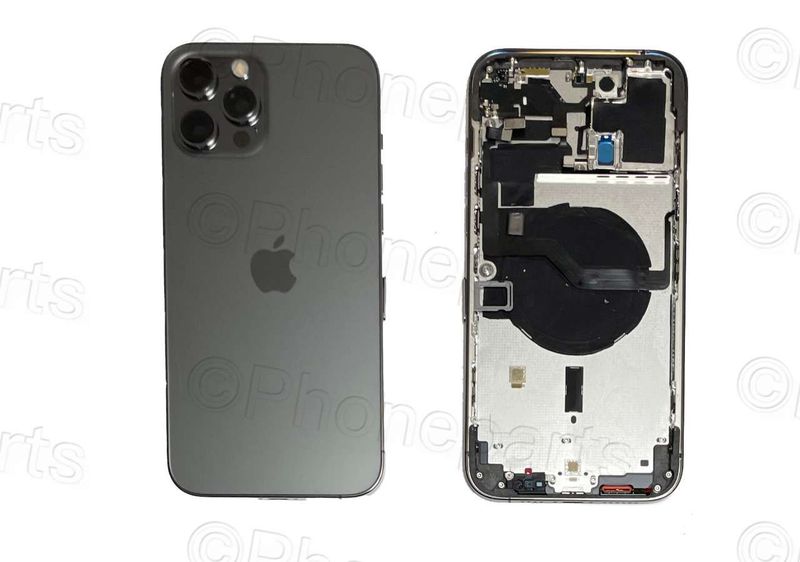 Chasis con Tapa Cristal Trasero Apple Iphone12 PRO MAX Original Desmontado con Lente de Cámara, Flex de Volumen, Encendido y Carga Inalámbrica Grafito. SWAP Grado A.