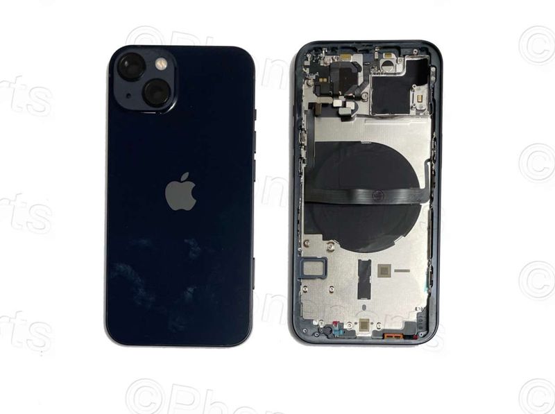 Chasis con Tapa Cristal Trasero Apple Iphone13 Original Desmontado con Lente de Cámara, Flex de Volumen, Encendido y Carga Inalámbrica Azul Medianoche. SWAP Grado A.