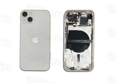 Chasis con Tapa Cristal Trasero Apple Iphone13 Original Desmontado con Lente de Cámara, Flex de Volumen, Encendido y Carga Inalámbrica Blanco Estrella. SWAP Grado B