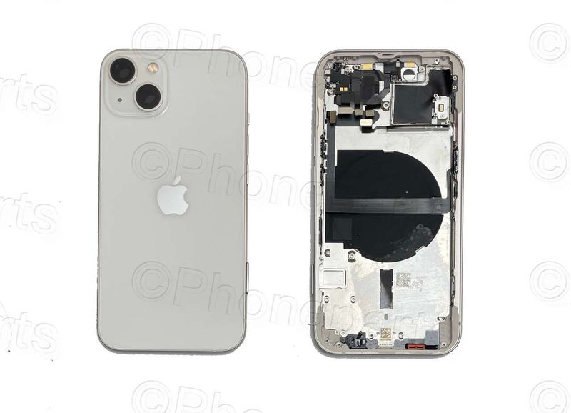 Chasis con Tapa Cristal Trasero Apple Iphone13 Original Desmontado con Lente de Cámara, Flex de Volumen, Encendido y Carga Inalámbrica Blanco Estrella. SWAP Grado B