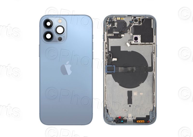 Chasis con Tapa Cristal Trasero Apple Iphone13 PRO Original Desmontado con Lente de Cámara, Flex de Volumen, Encendido y Carga Inalámbrica Azul Sierra. SWAP Grado A.