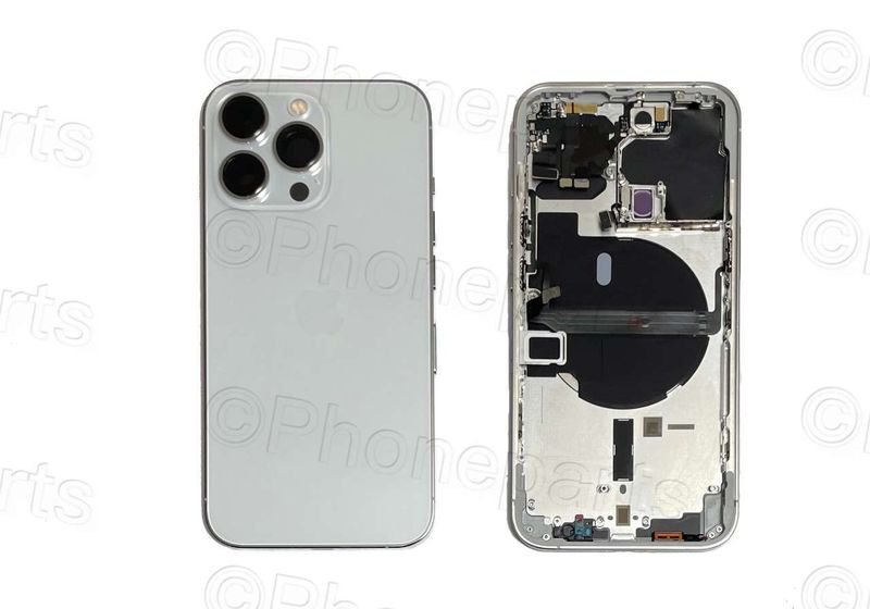 Chasis con Tapa Cristal Trasero Apple Iphone13 PRO Original Desmontado con Lente de Cámara, Flex de Volumen, Encendido y Carga Inalámbrica Blanco Plata. SWAP Grado A.