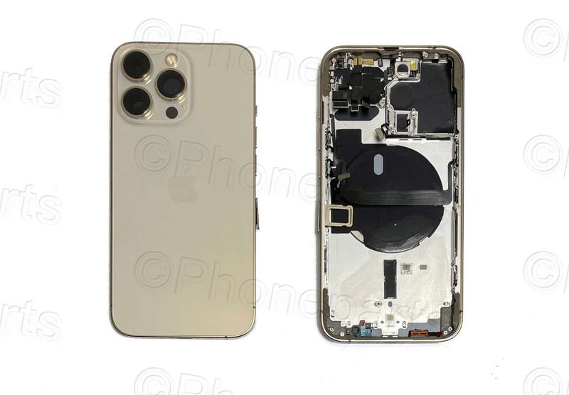 Chasis con Tapa Cristal Trasero Apple Iphone13 PRO Original Desmontado con Lente de Cámara, Flex de Volumen, Encendido y Carga Inalámbrica Dorado. SWAP Grado A.