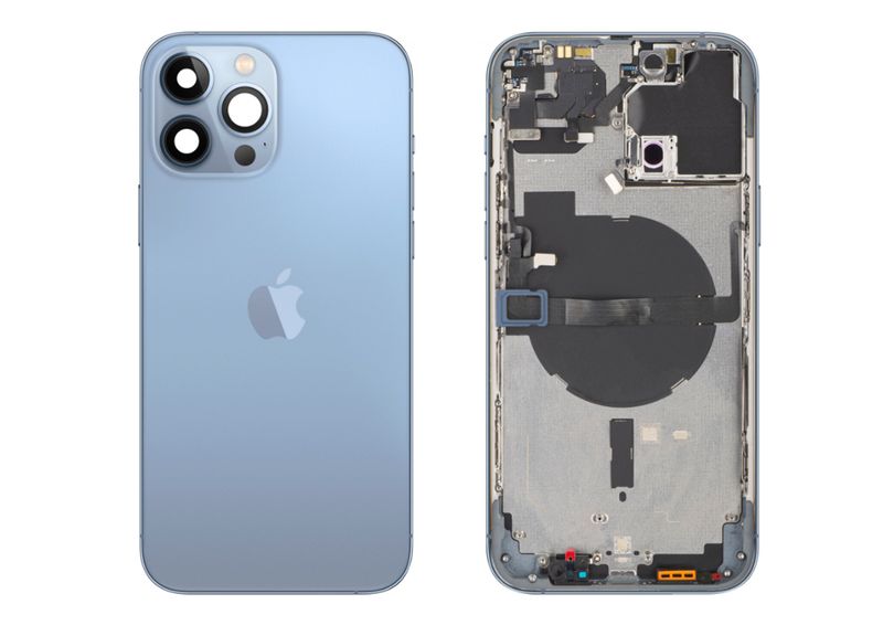 Chasis con Tapa Cristal Trasero Azul Alpino Apple Iphone 13 PRO MAX Original Desmontado con Lente de Cámara, Flex de Volumen, Encendido y Carga Inalámbrica. SWAP Grado A.