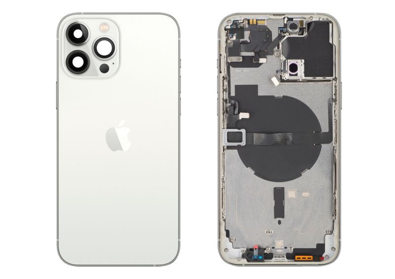 Chasis con Tapa Cristal Trasero Blanco Plata Apple Iphone 13 PRO MAX Original Desmontado con Lente de Cámara, Flex de Volumen, Encendido y Carga Inalámbrica. SWAP Grado A.