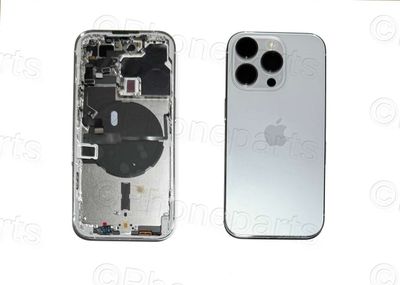 Chasis con Tapa Cristal Trasero Apple Iphone14 PRO Original Desmontado con Lente de Cámara, Flex de Volumen, Encendido y Carga Inalámbrica Blanco Plata. SWAP Grado A