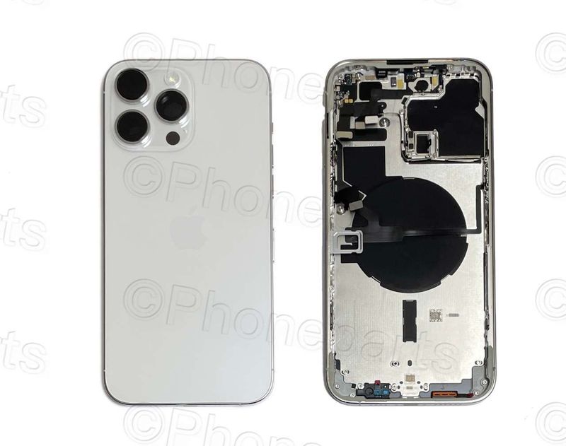 Chasis con Tapa Cristal Trasero Apple Iphone14 PRO MAX Original Desmontado con Lente de Cámara, Flex de Volumen, Encendido y Carga Inalámbrica Blanco Plata. SWAP Grado A