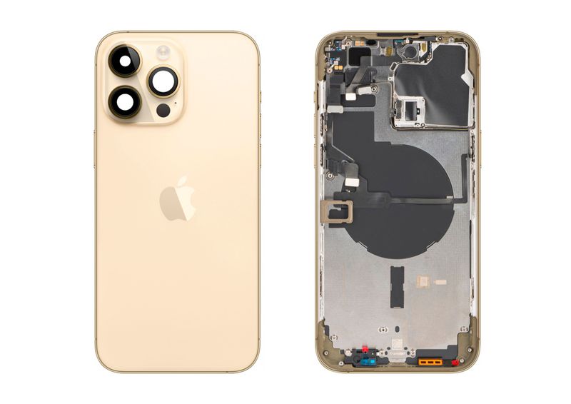 Chasis con Tapa Cristal Trasero Dorado Apple Iphone 14 PRO MAX Original Desmontado con Lente de Cámara, Flex de Volumen, Encendido y Carga Inalámbrica. SWAP Grado A.