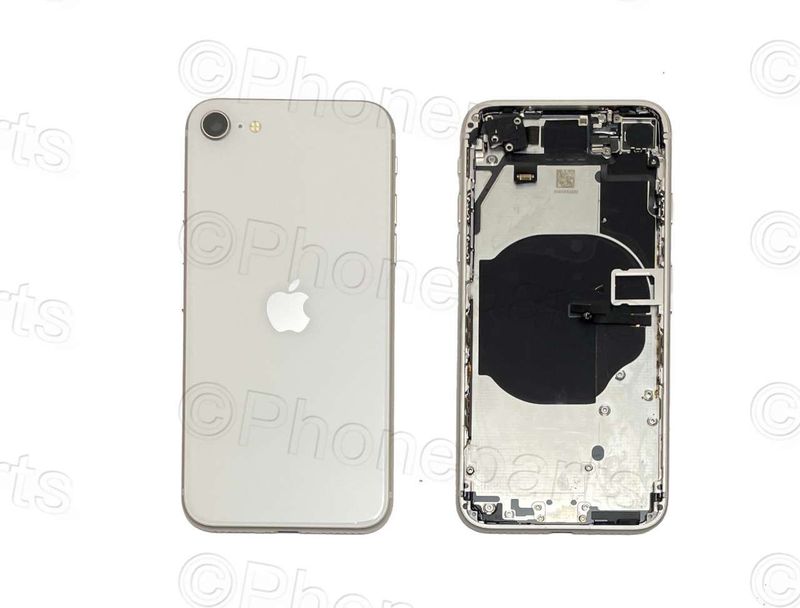 Chasis con Tapa Cristal Trasero Apple Iphone SE (2022) Original Desmontado con Lente de Cámara, Flex de Volumen, Encendido y Carga Inalámbrica Blanco Plata. SWAP Grado A.