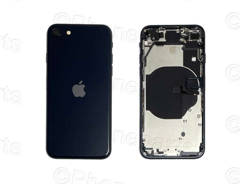 Chasis con Tapa Cristal Trasero Apple Iphone SE (2022) Original Desmontado con Lente de Cámara, Flex de Volumen, Encendido y Carga Inalámbrica Azul Medianoche. SWAP Grado A.