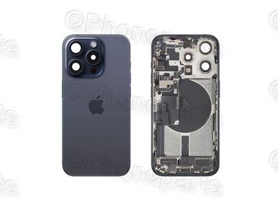 Tapa Cristal Trasero y Chasis Intermedio Azul Titanio Apple Iphone 15 PRO Original Desmontado con Lente de Cámara, MagSave Carga Inalámbrica (imanes) y flash. SWAP Grado A