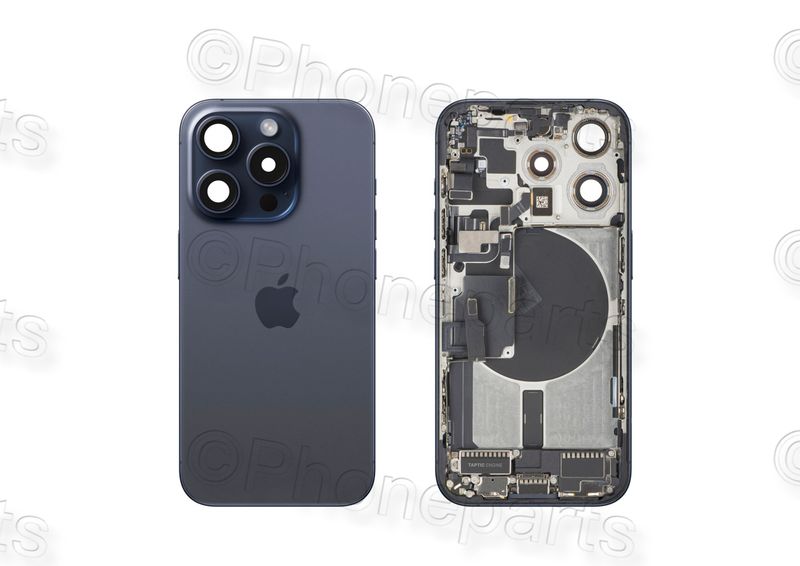 Tapa Cristal Trasero y Chasis Intermedio Azul Titanio Apple Iphone 15 PRO Original Desmontado con Lente de Cámara, MagSave Carga Inalámbrica (imanes) y flash. SWAP Grado A