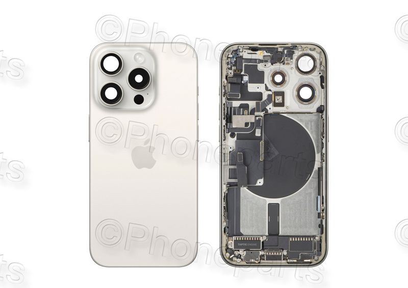 Tapa Cristal Trasero y Chasis Intermedio Blanco Titanio Apple Iphone 15 PRO Original Desmontado con Lente de Cámara, MagSave Carga Inalámbrica (imanes) y flash. SWAP Grado A