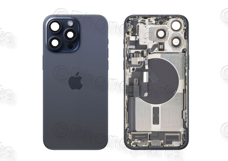 Tapa Cristal Trasero y Chasis Intermedio Azul Titanio Apple Iphone 15 PRO MAX Original Desmontado con Lente de Cámara, MagSave Carga Inalámbrica (imanes) y flash. SWAP Grado A