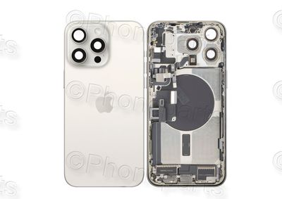 Tapa Cristal Trasero y Chasis Intermedio Blanco Titanio Apple Iphone 15 PRO MAX Original Desmontado con Lente de Cámara, MagSave Carga Inalámbrica (imanes) y flash. SWAP Grado A