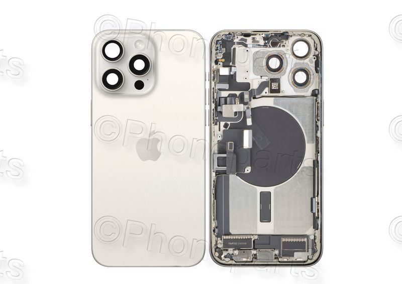 Tapa Cristal Trasero y Chasis Intermedio Blanco Titanio Apple Iphone 15 PRO MAX Original Desmontado con Lente de Cámara, MagSave Carga Inalámbrica (imanes) y flash. SWAP Grado A