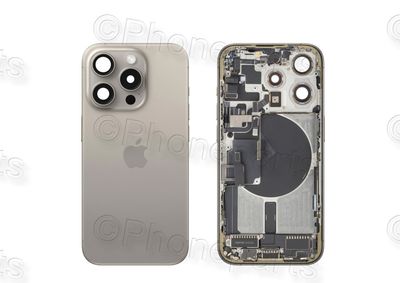 Tapa Cristal Trasero y Chasis Intermedio Titanio NaturalApple Iphone 15 PRO Original Desmontado con Lente de Cámara, MagSave Carga Inalámbrica (imanes) y flash. SWAP Grado A