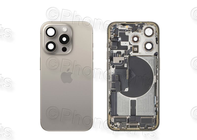 Tapa Cristal Trasero y Chasis Intermedio Titanio NaturalApple Iphone 15 PRO Original Desmontado con Lente de Cámara, MagSave Carga Inalámbrica (imanes) y flash. SWAP Grado A