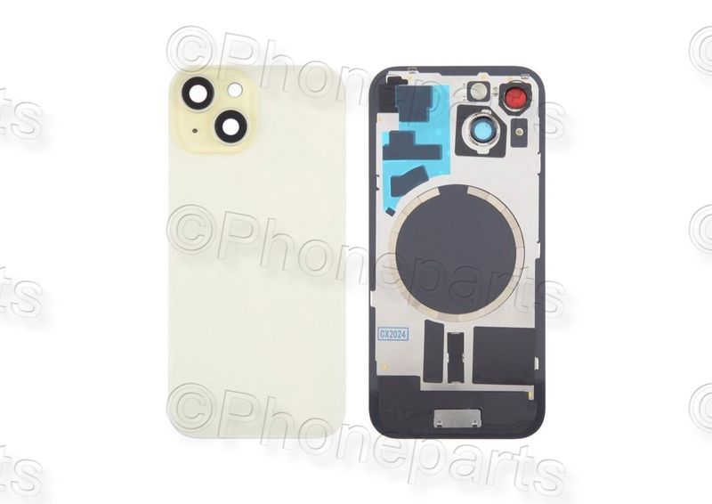 Tapa Cristal Trasero Amarillo Apple Iphone 15 Original Desmontado con Lente de Cámara, MagSave Carga Inalámbrica (imanes) y flash. SWAP Grado A