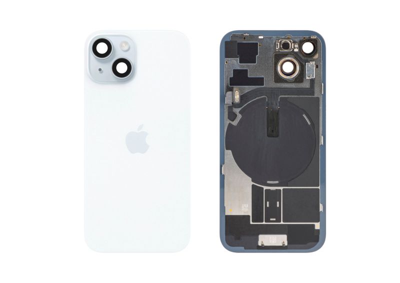 Tapa Cristal Trasero Azul Apple Iphone 15 Original Desmontado con Lente de Cámara, MagSave Carga Inalámbrica (imanes) y flash. SWAP Grado A