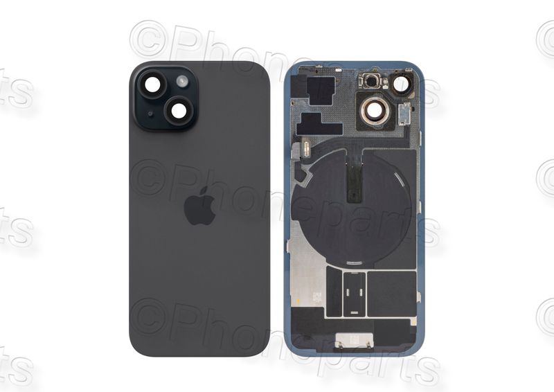 Tapa Cristal Trasero Negro Apple Iphone 15 Original Desmontado con Lente de Cámara, MagSave Carga Inalámbrica (imanes) y flash. SWAP Grado A