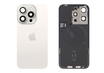 Tapa Cristal Trasero Blanco Titanio Apple Iphone 15 PRO Original Desmontado con Lente de Cámara, MagSave Carga Inalámbrica (imanes) y flash. SWAP Grado A
