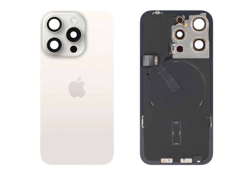 Tapa Cristal Trasero Blanco Titanio Apple Iphone 15 PRO Original Desmontado con Lente de Cámara, MagSave Carga Inalámbrica (imanes) y flash. SWAP Grado A