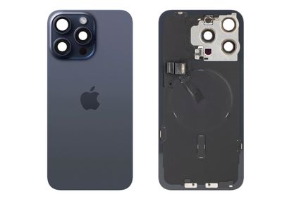 Tapa Cristal Trasero Azul Titanio Apple Iphone 15 PRO MAX Original Desmontado con Lente de Cámara, MagSave Carga Inalámbrica (imanes) y flash. SWAP Grado A