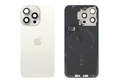 Tapa Cristal Trasero Blanco Titanio Apple Iphone 15 PRO MAX Original Desmontado con Lente de Cámara, MagSave Carga Inalámbrica (imanes) y flash. SWAP Grado A