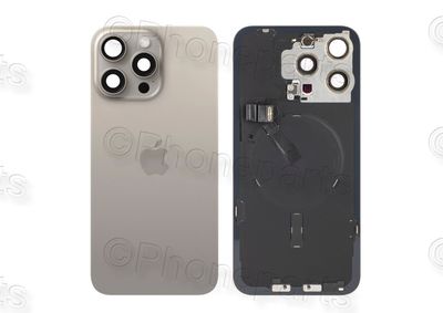 Tapa Cristal Trasero Gris Titanio Apple Iphone 15 PRO MAX Original Desmontado con Lente de Cámara, MagSave Carga Inalámbrica (imanes) y flash. SWAP Grado A