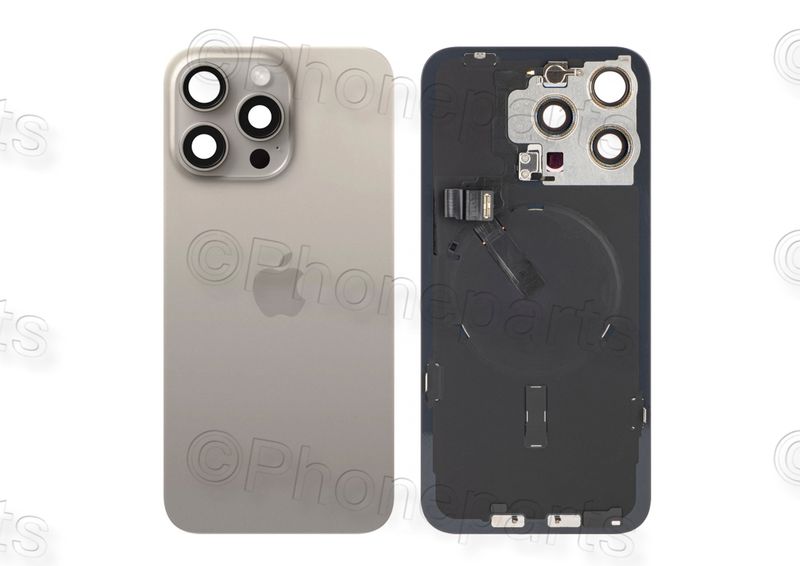 Tapa Cristal Trasero Gris Titanio Apple Iphone 15 PRO MAX Original Desmontado con Lente de Cámara, MagSave Carga Inalámbrica (imanes) y flash. SWAP Grado A