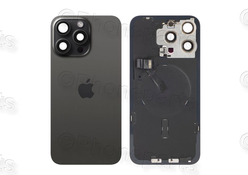 Tapa Cristal Trasero Negro Titanio Apple Iphone 15 PRO MAX Original Desmontado con Lente de Cámara, MagSave Carga Inalámbrica (imanes) y flash. SWAP Grado A