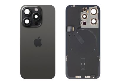 Tapa Cristal Trasero Negro Titanio Apple Iphone 15 PRO Original Desmontado con Lente de Cámara, MagSave Carga Inalámbrica (imanes) y flash. SWAP Grado A