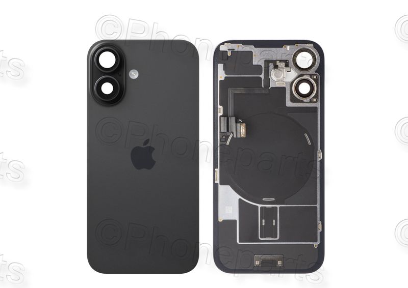 Tapa Cristal Trasero Negro Apple Iphone 16 Original Desmontado con Lente de Cámara, MagSave Carga Inalámbrica (imanes) y flash. SWAP Grado A
