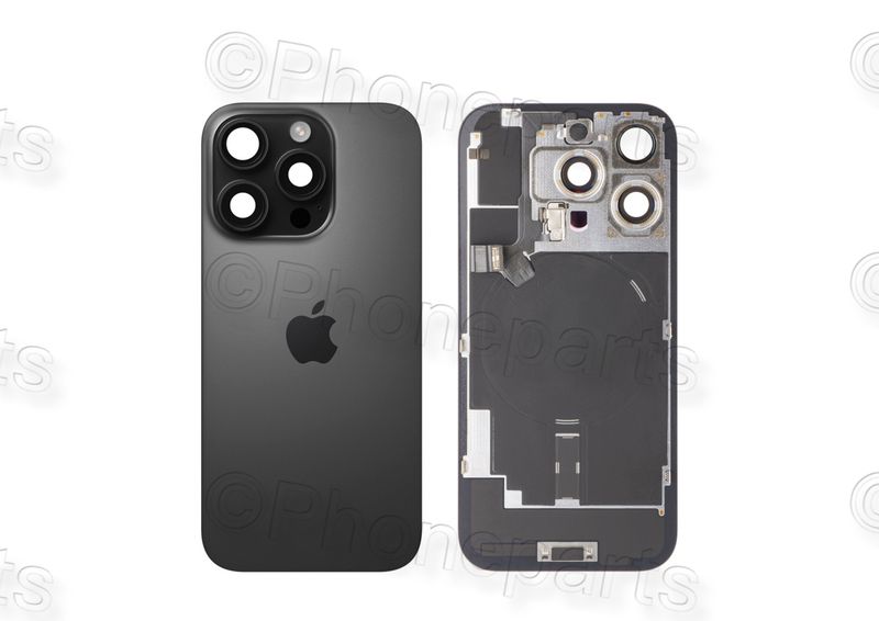 Tapa Cristal Trasero Negro Titanio Apple Iphone 16 PRO Original Desmontado con Lente de Cámara, MagSave Carga Inalámbrica (imanes) y flash. SWAP Grado A